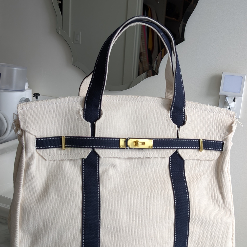 Elegant Canvas Tote Bag with Navy Accents - Picture 3 of 6